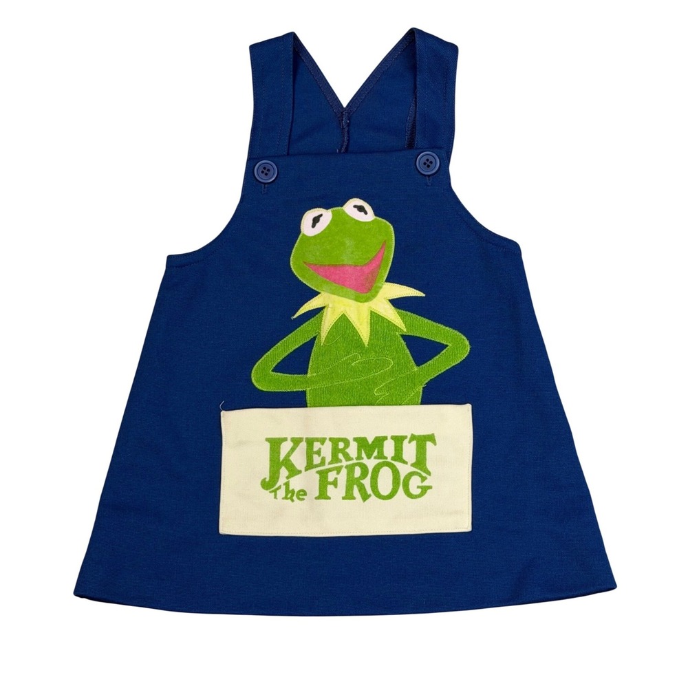 VTG Kermit The Frog Pinafore Dress Blue Muppets Jim Henson Retro Kids No‎ Size
